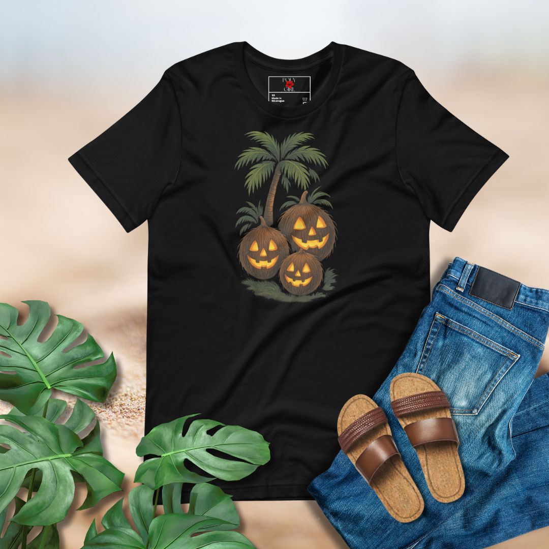 Black t-shirt with Halloween design, sandals, and jeans on a neutral background