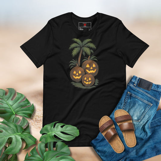 Black t-shirt with Halloween design, sandals, and jeans on a neutral background