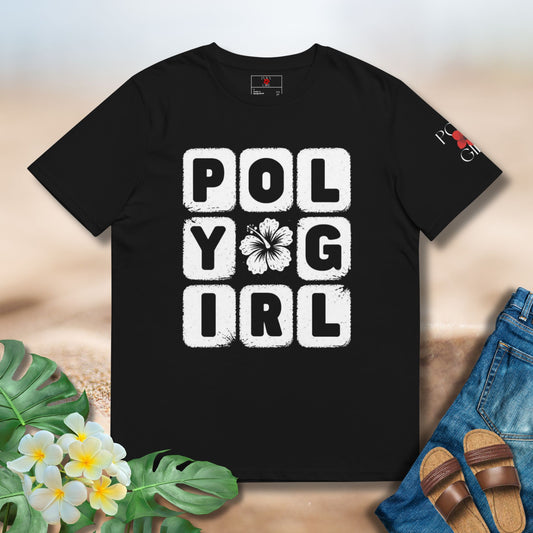Poly Girl block design on black tee with hibiscus center in vintage white print