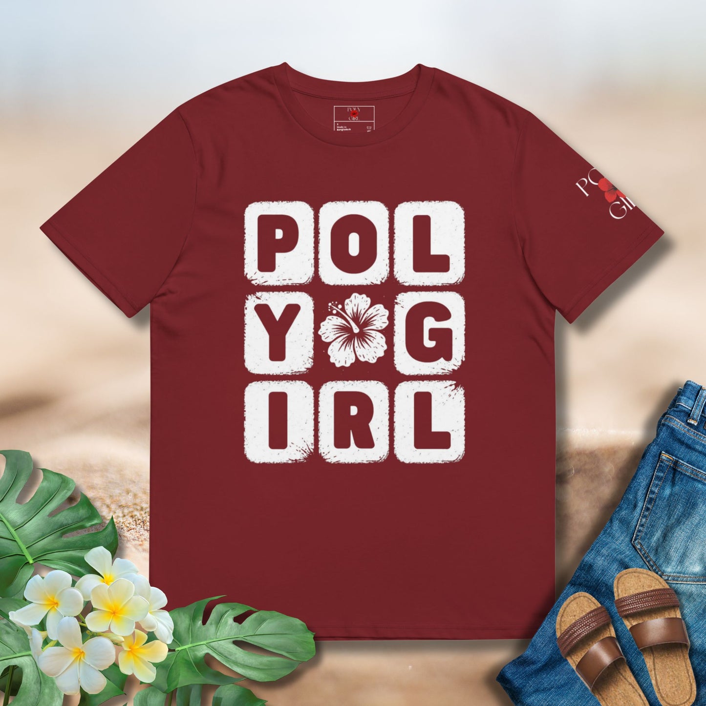 Poly Girl block design red tee with hibiscus center in vintage white print