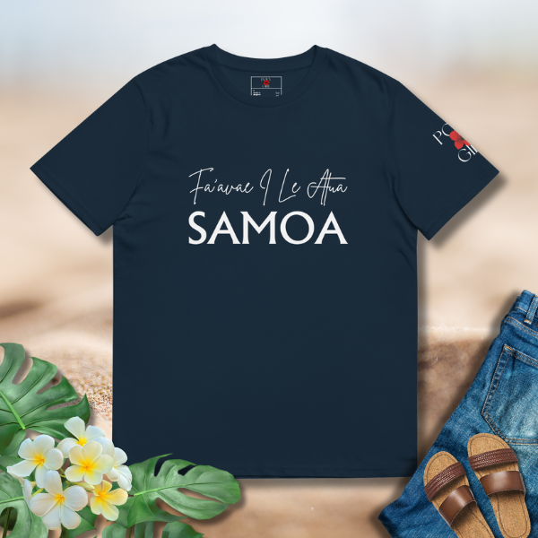 Navy tee featuring minimalist FA’AVAE I LE ATUA SAMOA lettering by Poly Girl