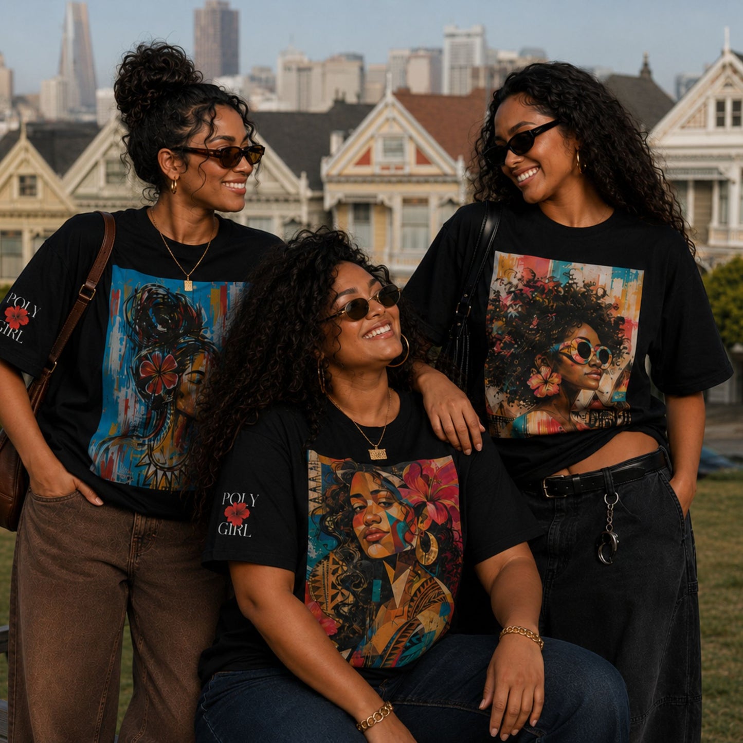 Three women posing in front of the San Francisco iconic painted ladies with Poly Girl graphic tees. 