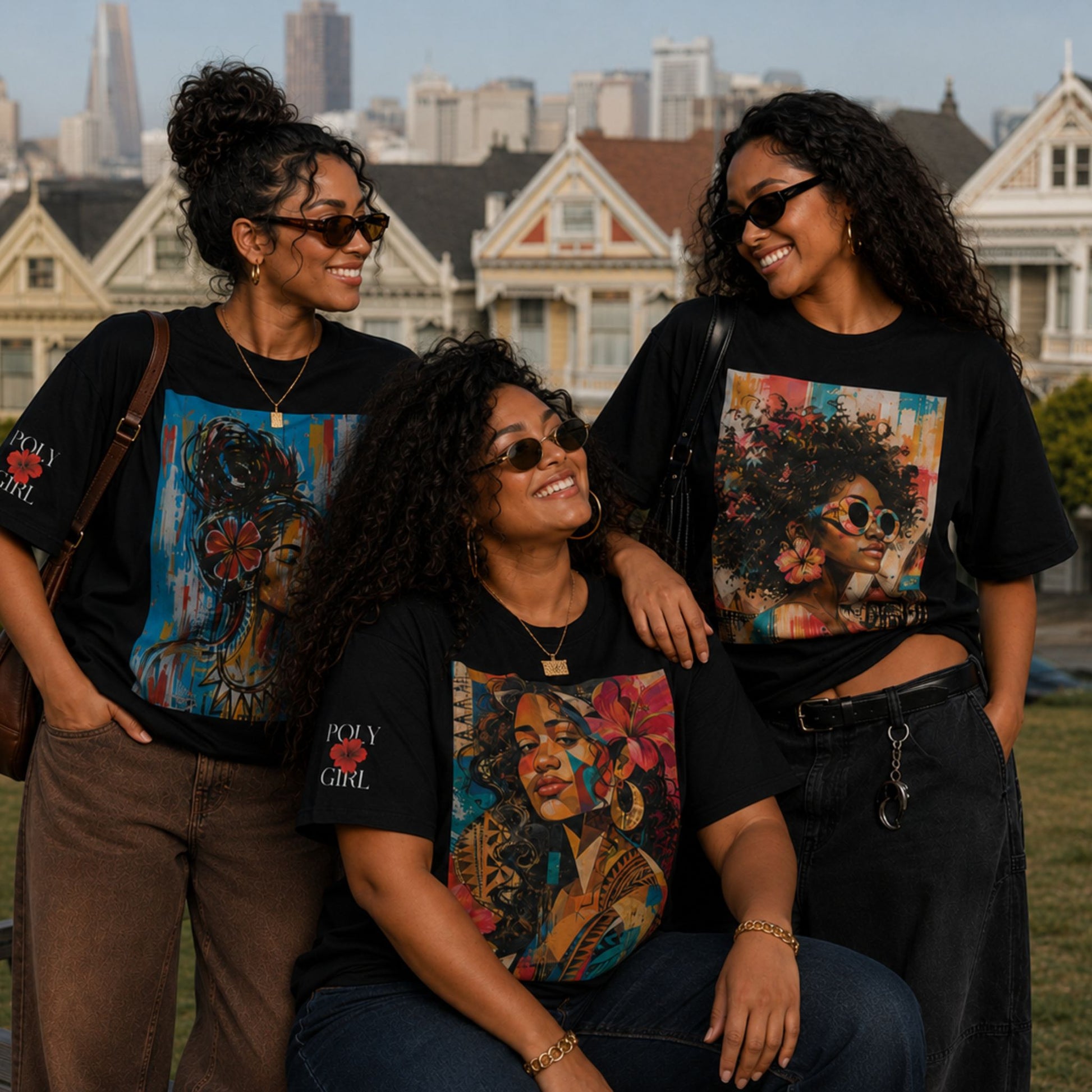 Three women posing in front of the San Francisco iconic painted ladies with Poly Girl graphic tees. 