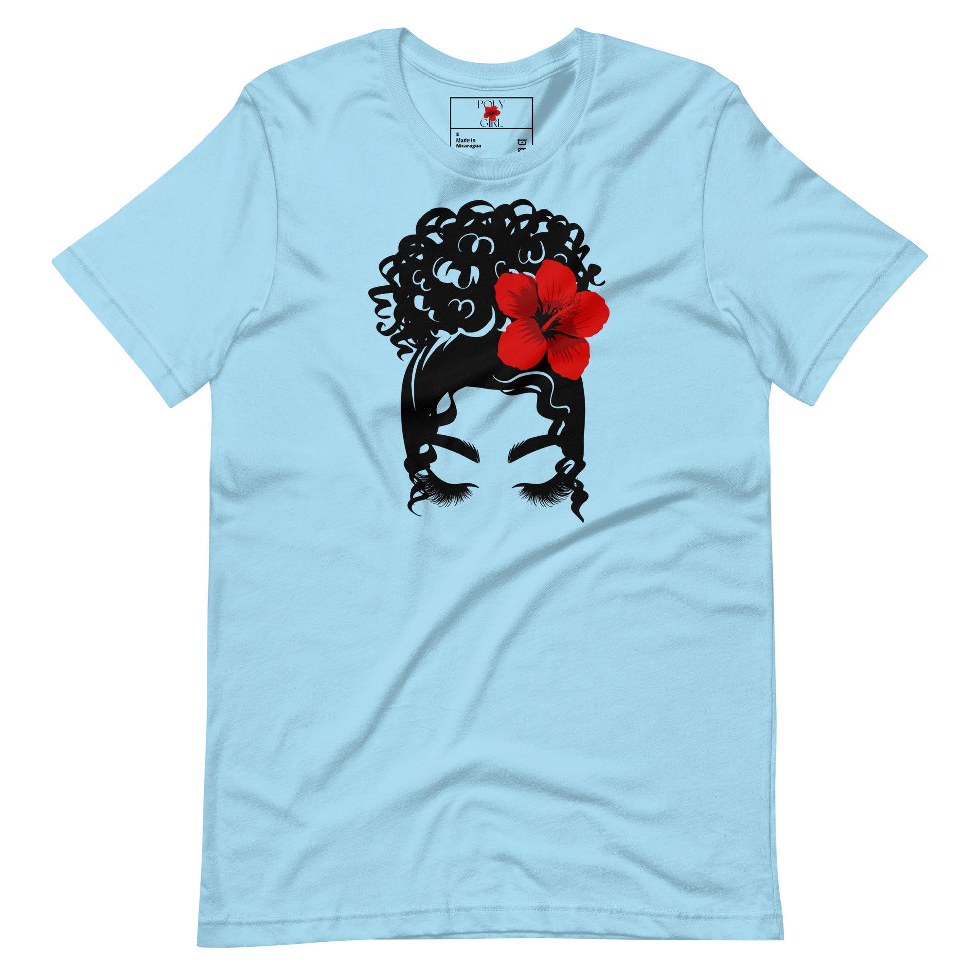 Blue T-shirt featuring a woman with an updo and red hibiscus sei in her hair. Designed by Poly Girl, The Island Girl's Brand. 