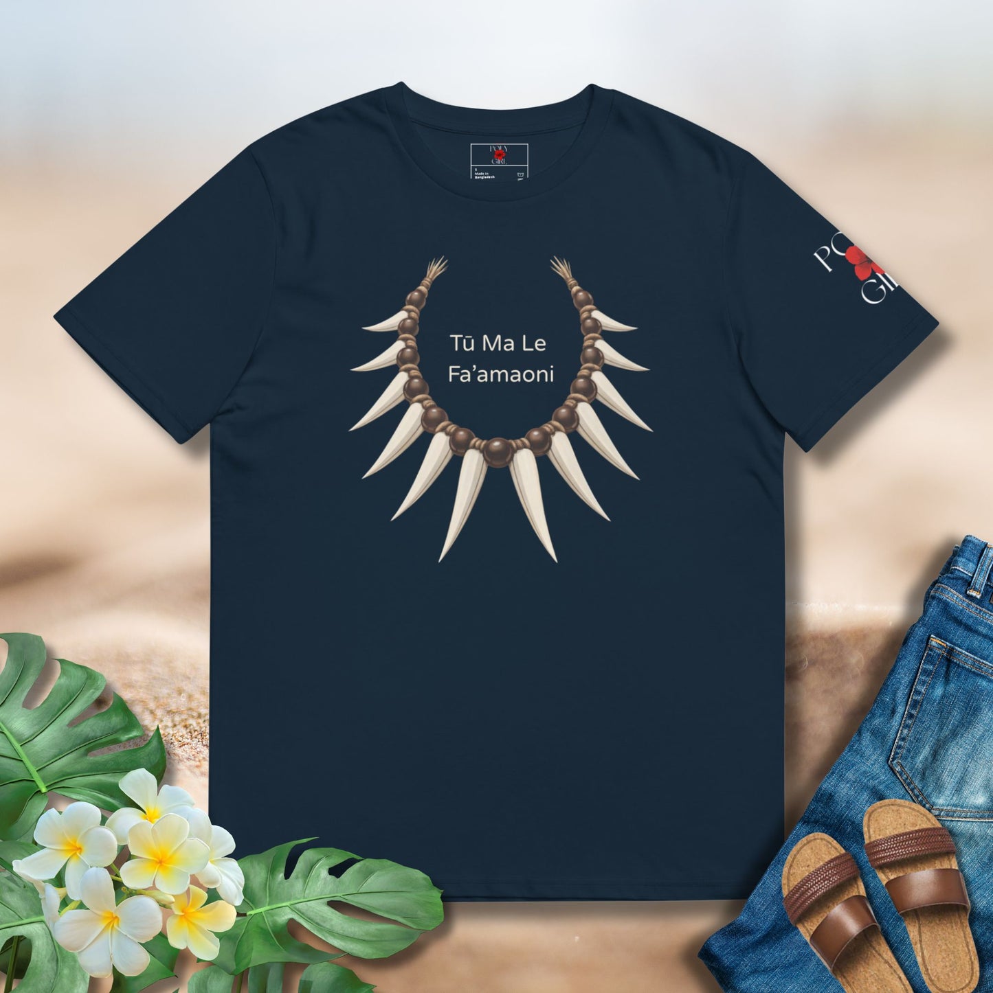 Blue Tee of nifo ito and Tu Ma Le Fa’amaoni Tee by Poly Girl. 