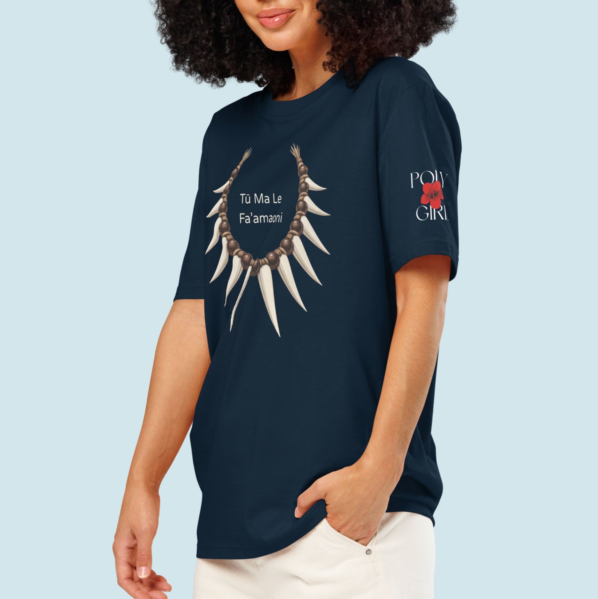 Blue Tee of nifo ito and Tu Ma Le Fa’amaoni Tee by Poly Girl. 