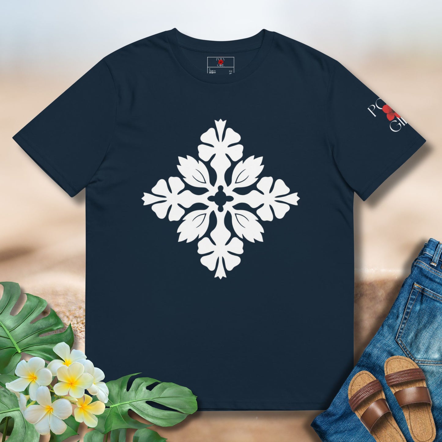 Kapa Kuiki Hawaiian Motif Tee in blue by Poly. Girl