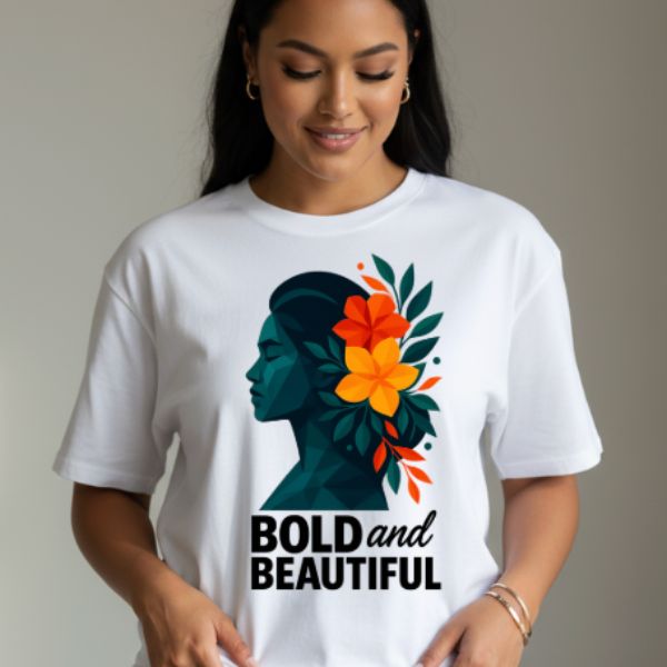 Woman wearing a white t-shirt with a colorful design and 'Bold and Beautiful' text.