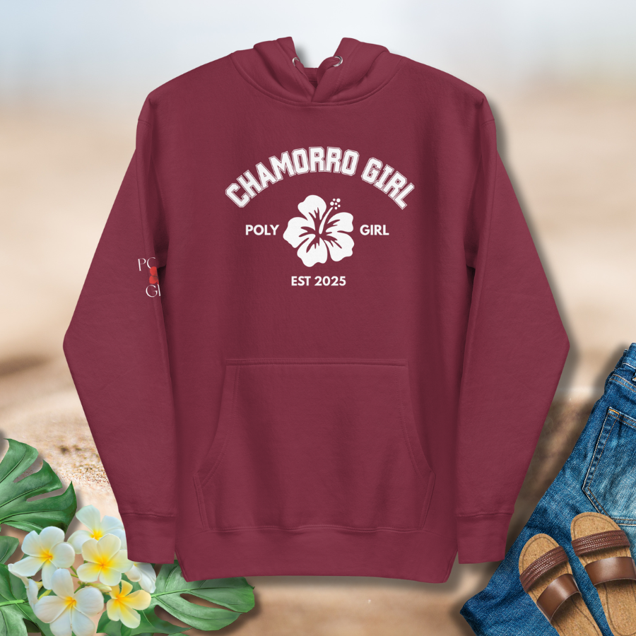 Chamorro Girl Classic Hoodie hibiscus graphic in maroon