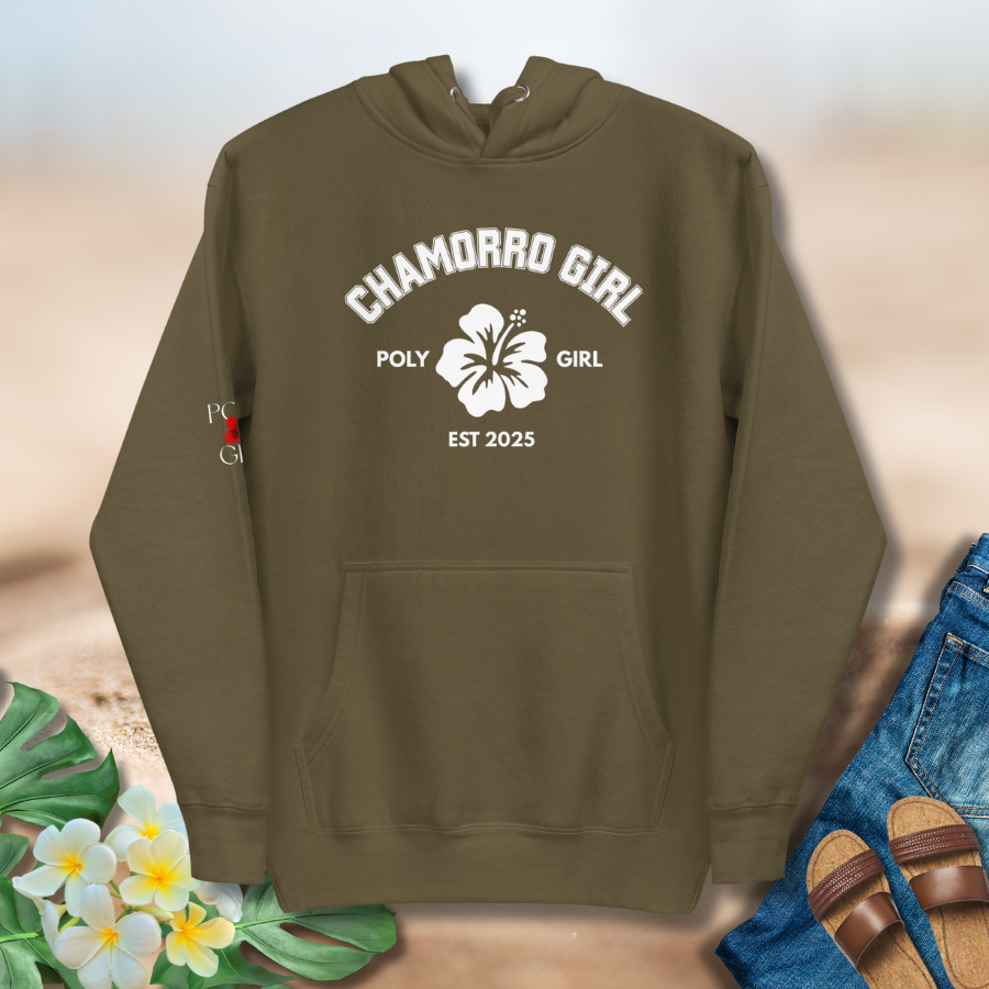 Chamorro Girl Classic Hoodie hibiscus graphic in military green