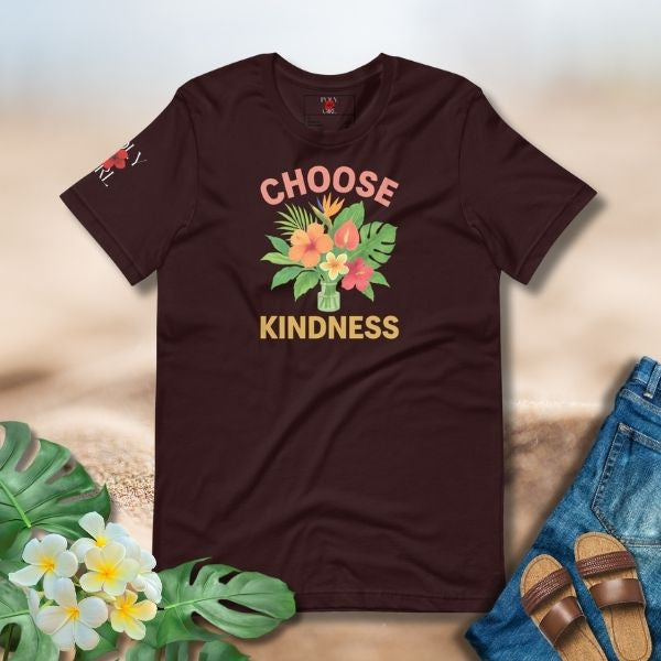 Choose Kindness Tee featuring a colorful floral bouquet with statement text on dark fabric