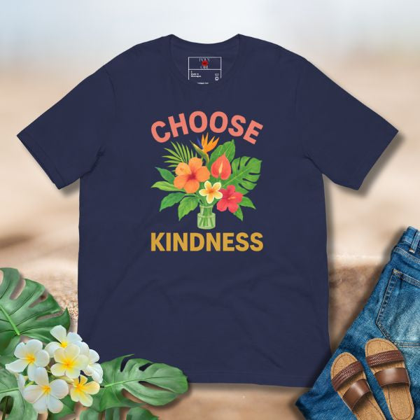 Navy blue t-shirt with 'Choose Kindness' design featuring flowers on a light brown background.