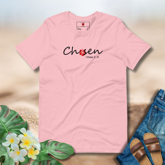 Pink Poly Girl Chosen Tee featuring hibiscus flower and 1 Peter 2:9 scripture