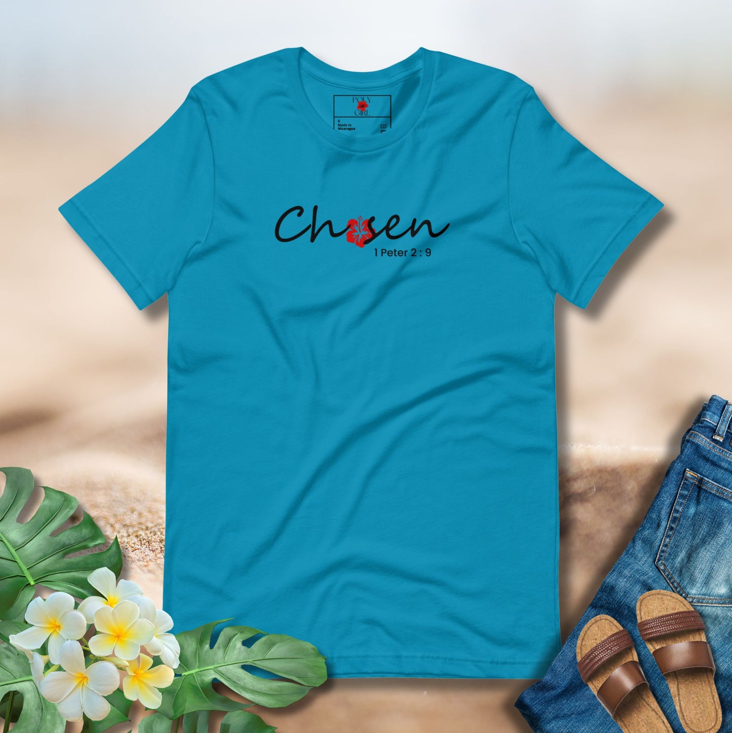 Aqua Blue Poly Girl Chosen Tee featuring hibiscus flower and 1 Peter 2:9 scripture