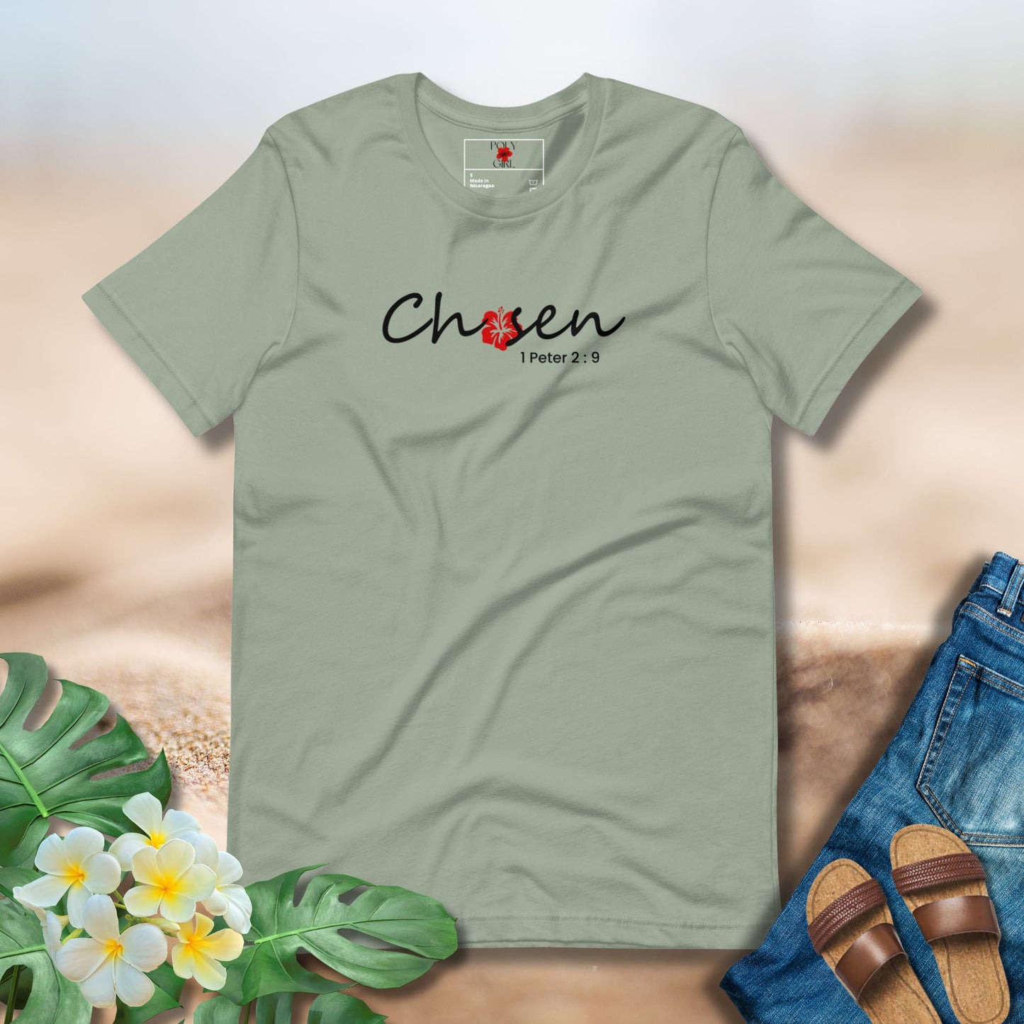 Navy Poly Girl Chosen Tee featuring hibiscus flower and 1 Peter 2:9 scripture