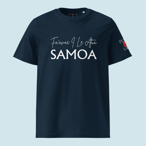 Close-up of FA’AVAE I LE ATUA SAMOA text on navy tee