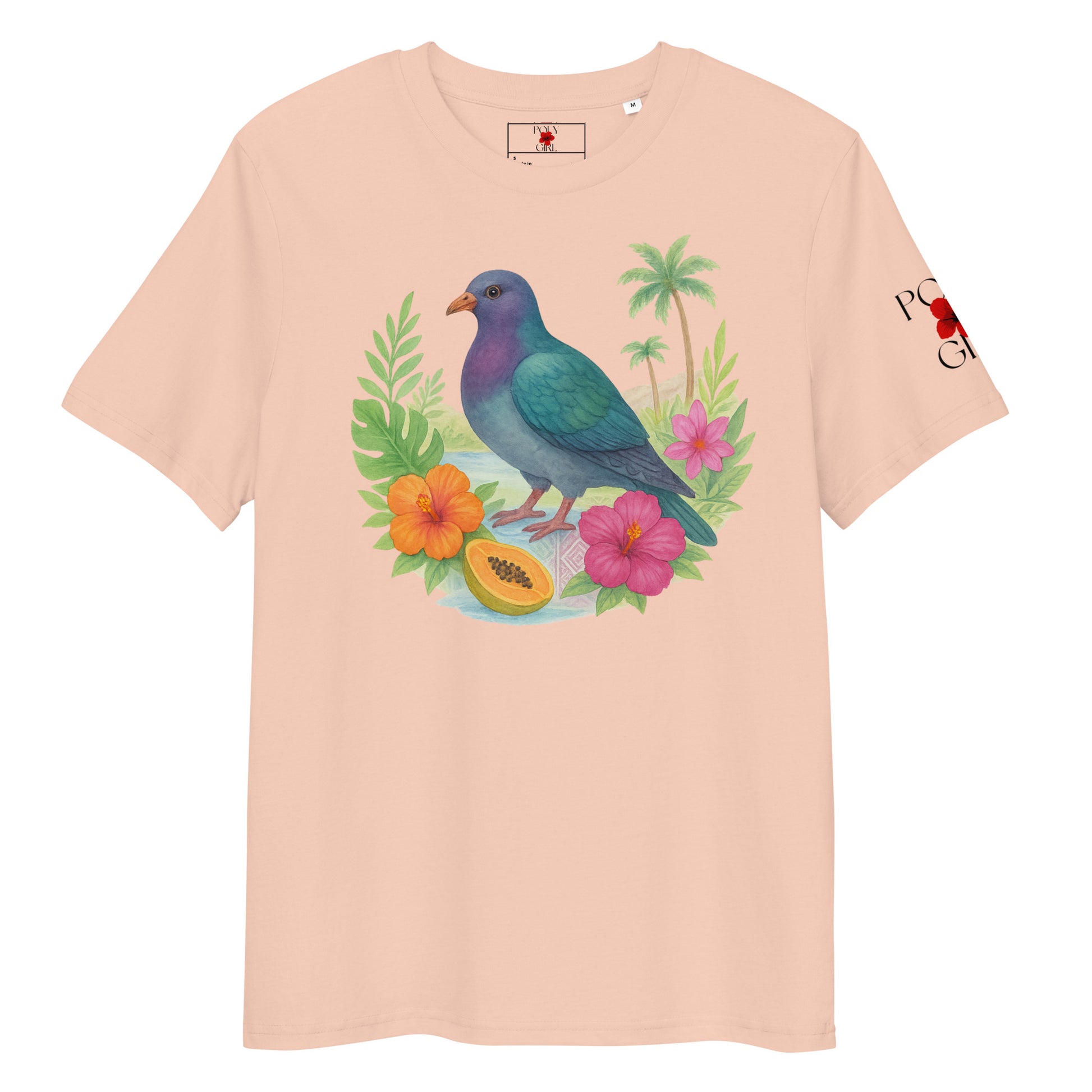 Close-up of the pigeon’s colorful feathers and the vivid orange and pink hibiscus blossoms that highlight the design.