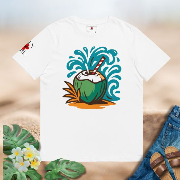 Illustration of a green coconut with a striped straw and a big blue water splash behind it, printed on a Poly Girl tee.