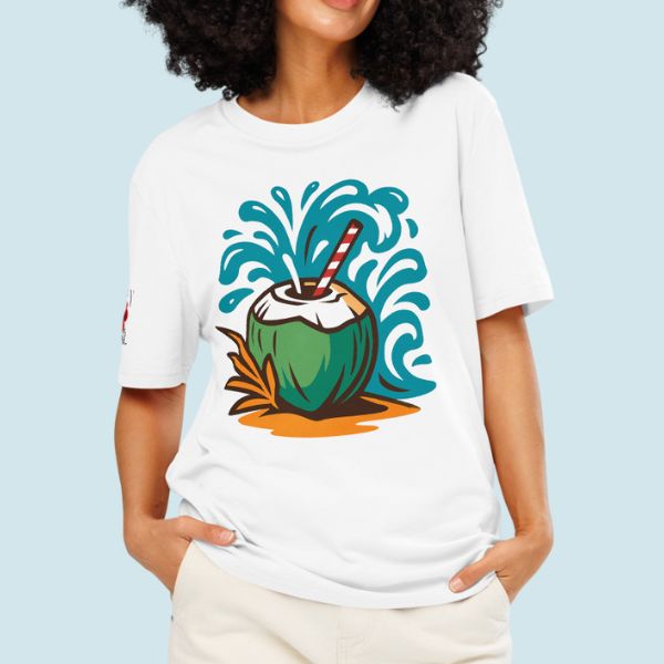 Tropical coconut graphic bursting with water splash, island-inspired design on a white tee.