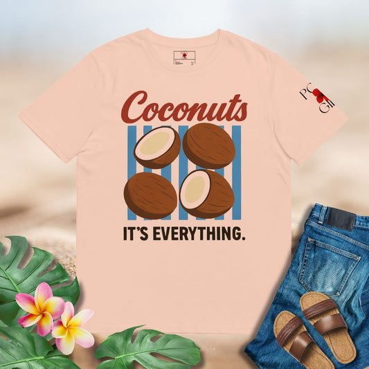 Coconuts shirt with tropical-inspired design and cultural message