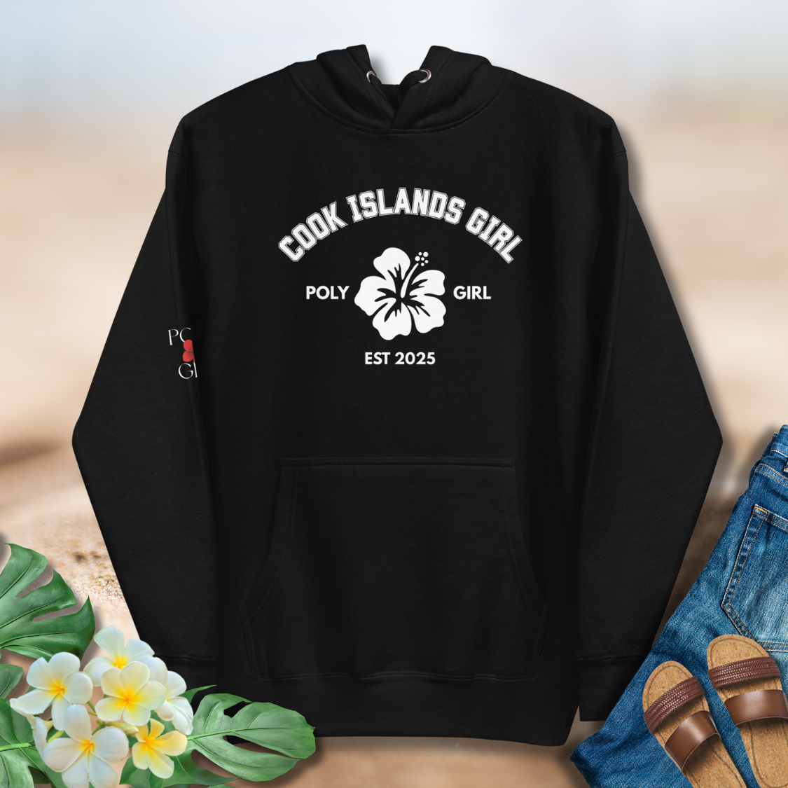 Cook Islands Girl Classic Hoodie by Poly Girl with white hibiscus emblem on black hoodie