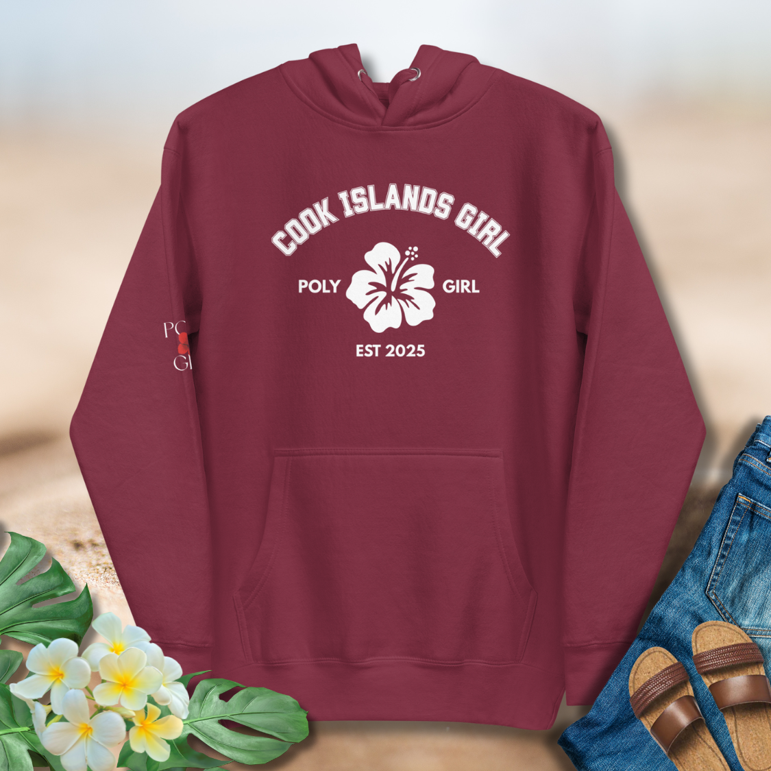 Cook Islands Girl Classic Hoodie by Poly Girl with white hibiscus emblem on maroon hoodie