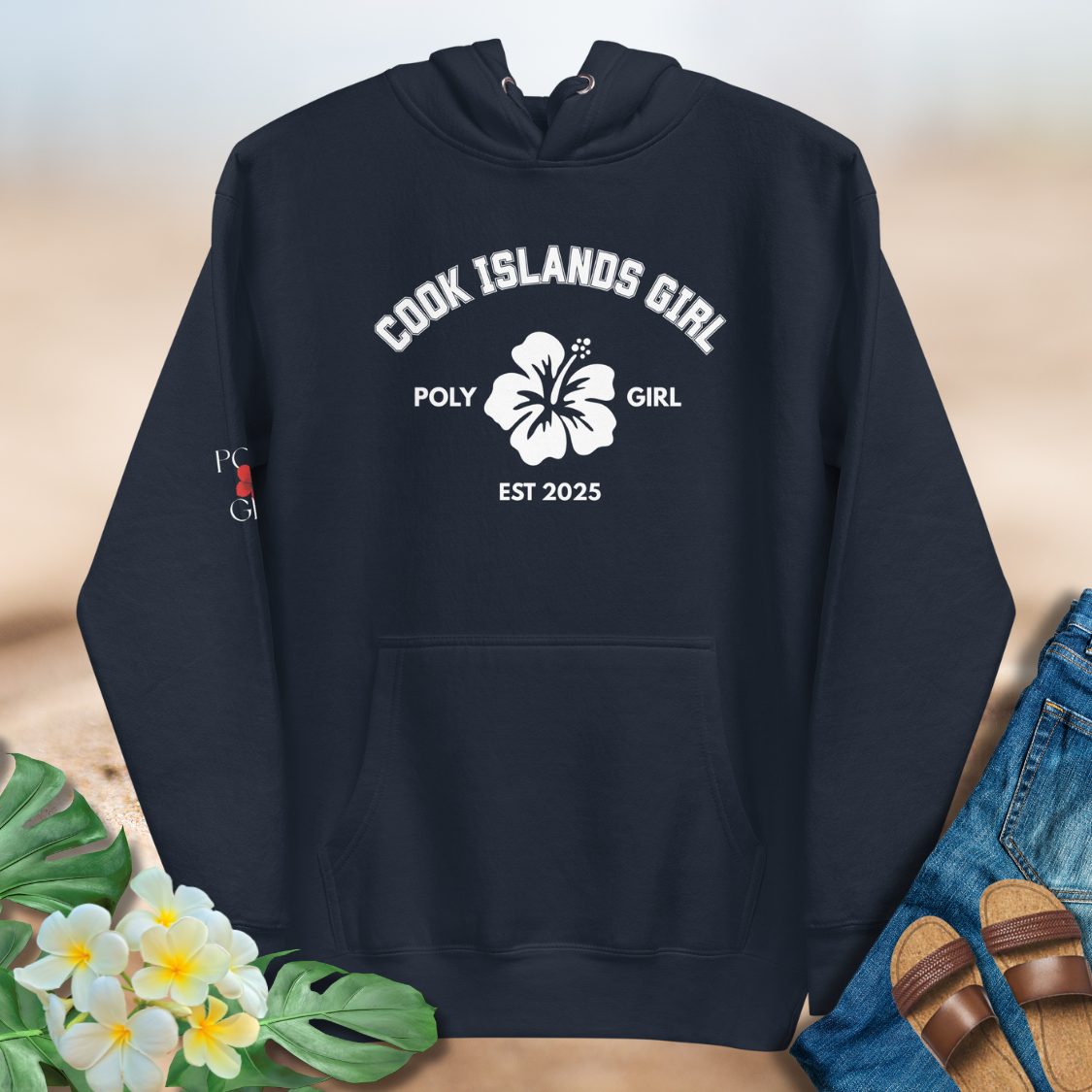 Cook Islands Girl Classic Hoodie by Poly Girl with white hibiscus emblem on navy  hoodie