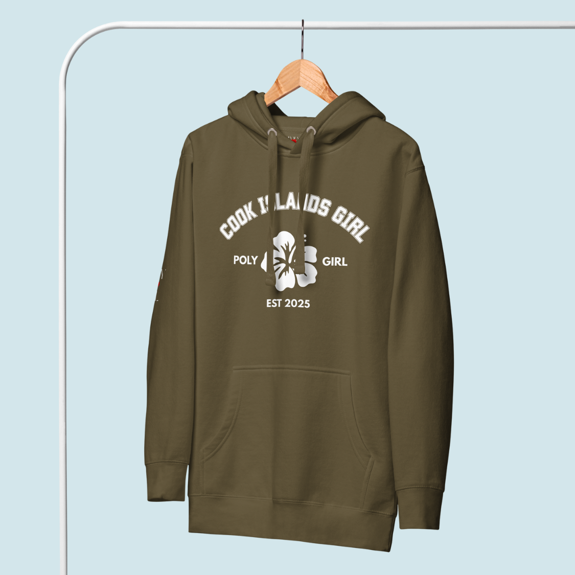 Cook Islands Hoodie in green on a hanger