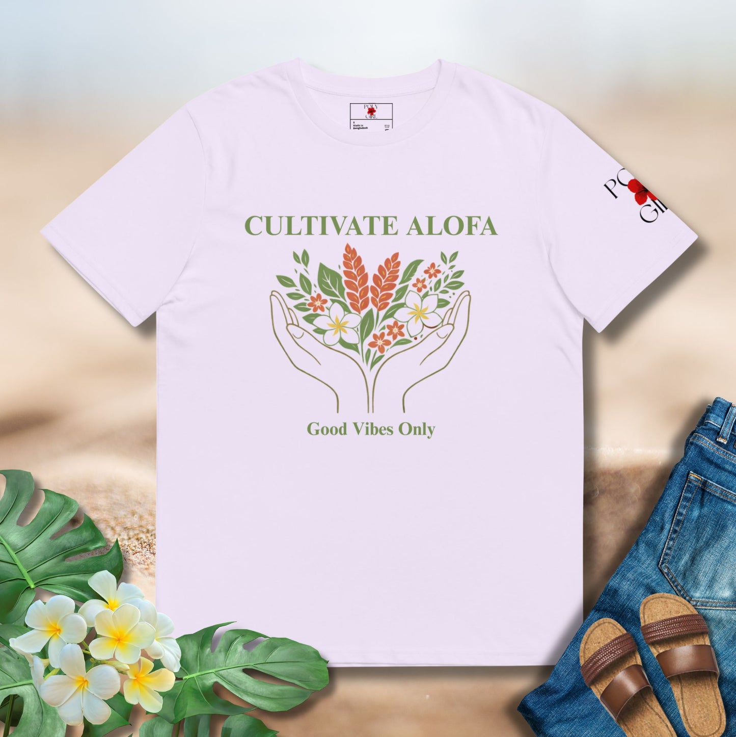 Lavender tshirt with Cultivate Alofa and Good Vibes Only hand and floral design