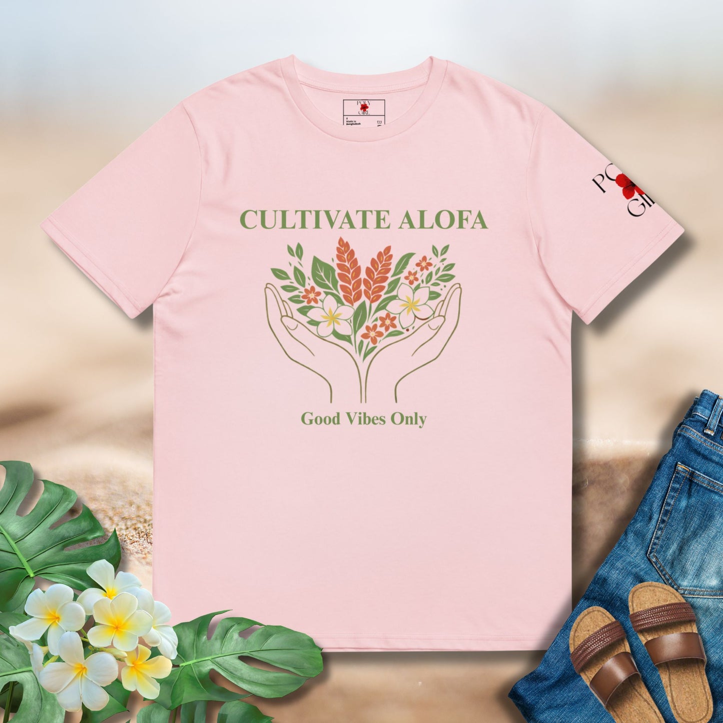 Pink tshirt with Cultivate Alofa and Good Vibes Only hand and floral design