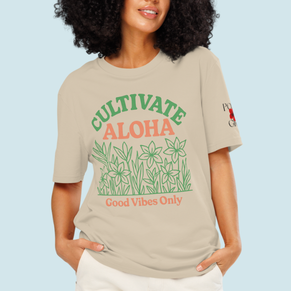 Model wearing Cultivate Aloha graphic tee by Poly Girl 