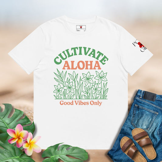 Cultivate Aloha shirt with tropical plants and positive vibes design