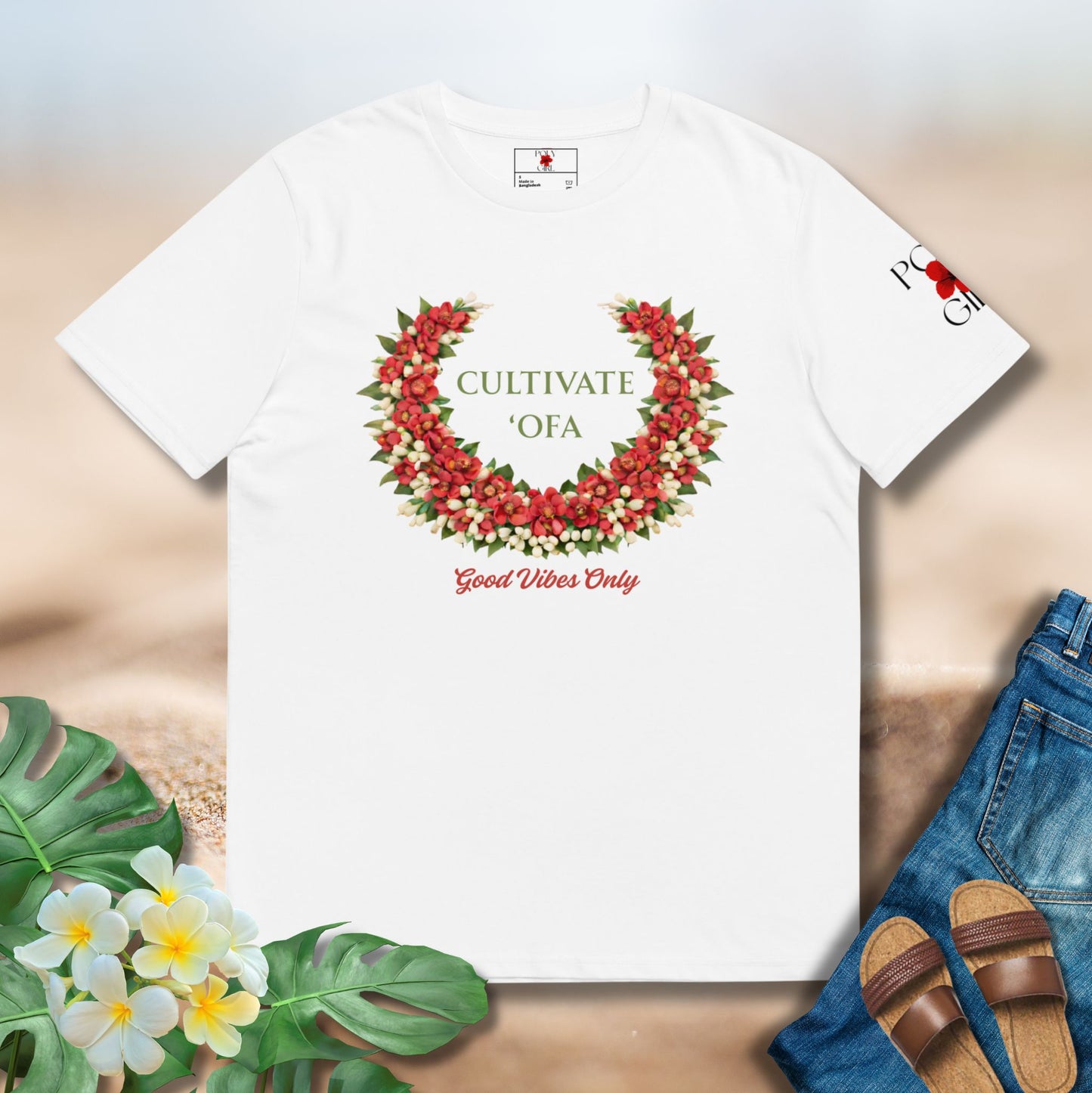 White shirt with Cultivate 'Ofa and Good Vibes Only by Poly Girl 