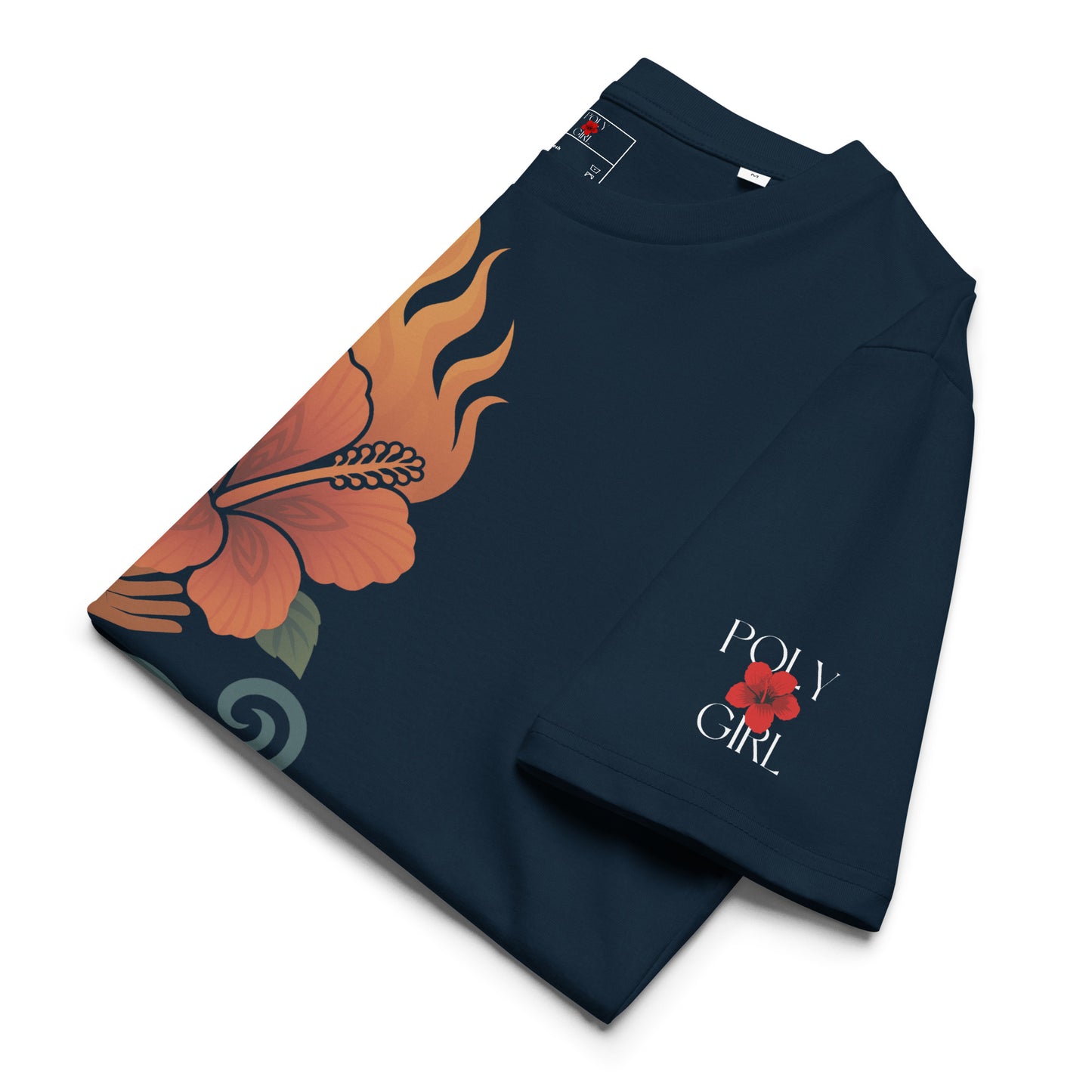 Cultural tee featuring wrist tattoo, hibiscus flame, and wave design.