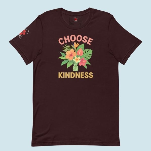 Dark-colored tee with vibrant floral illustration and Choose Kindness text