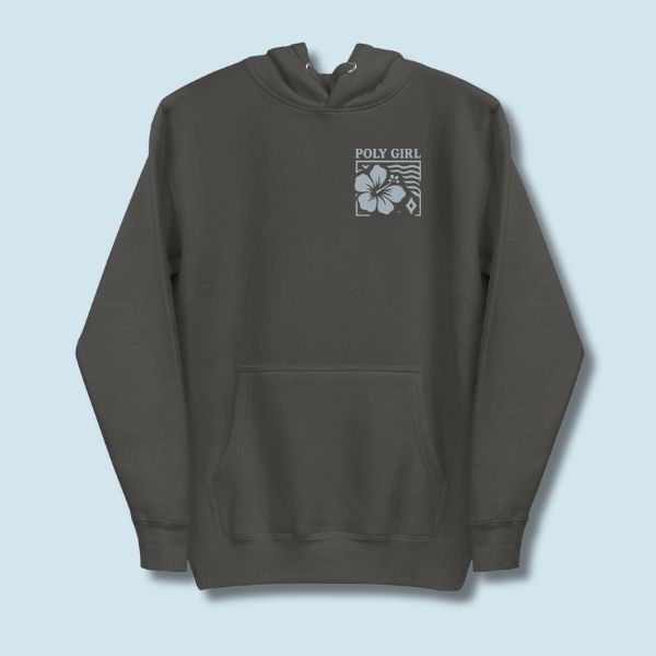 Dark gray hoodie with 'Poly Girl' design on a light blue background