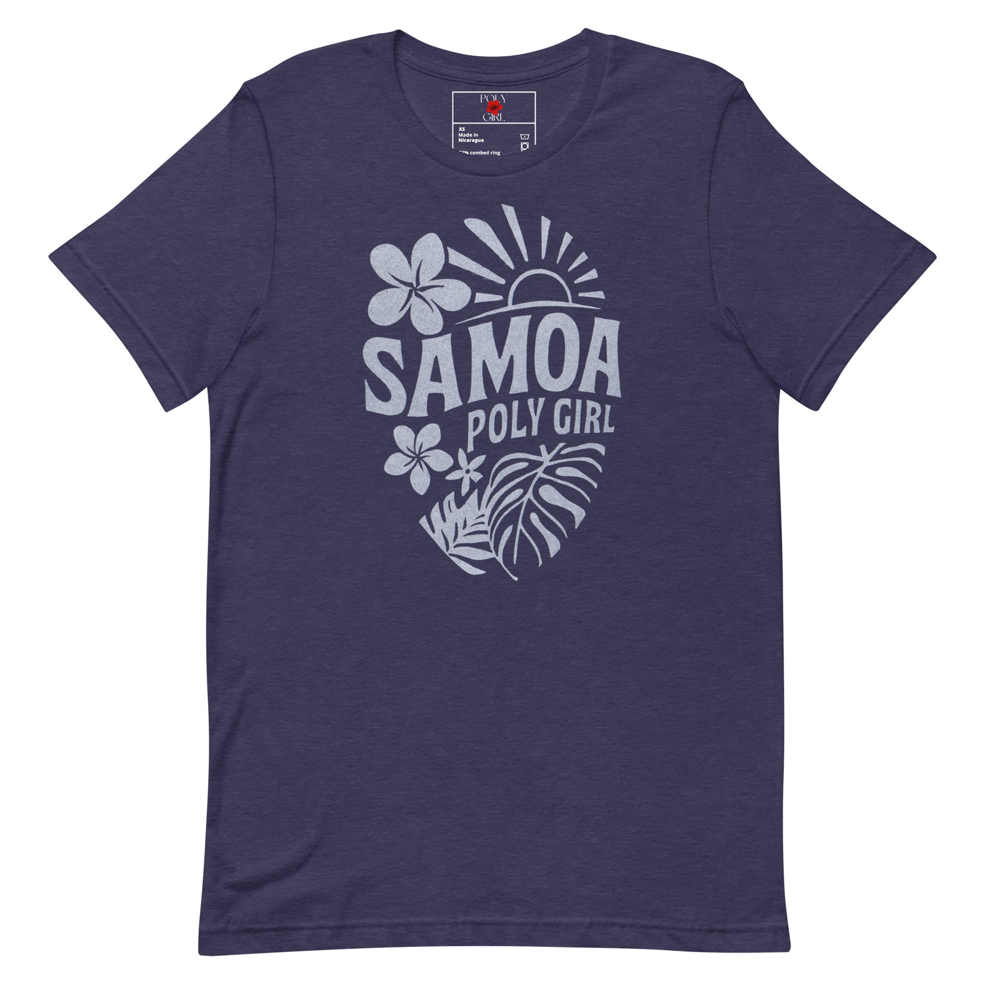 Distressed Samoa Poly Girl tee in island style featuring bold lettering and floral graphics.