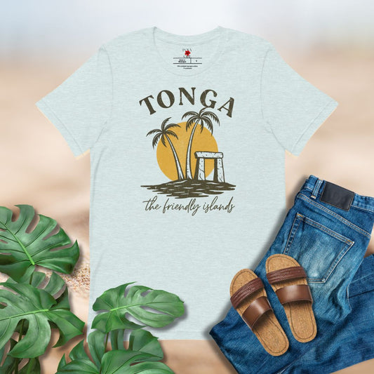 Tonga Vintage Island Tee – Featuring the Haʻamonga ʻa Maui, palm trees, and a retro sun. A tribute to The Friendly Islands in classic vintage style.