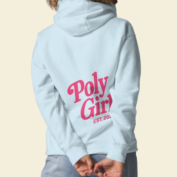 Light blue hoodie with pink 'Poly Girl' text on a beige background
