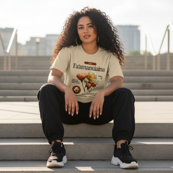 Person wearing a t-shirt with text and graphics around Fa'amanuiaina sitting on steps outdoors.