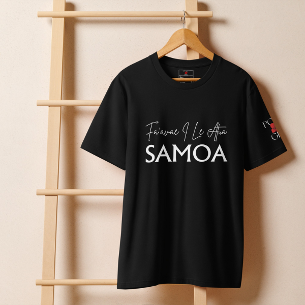 Black t-shirt with 'Fa'avae Le Atua Samoa' text on a wooden hanger against a beige wall.