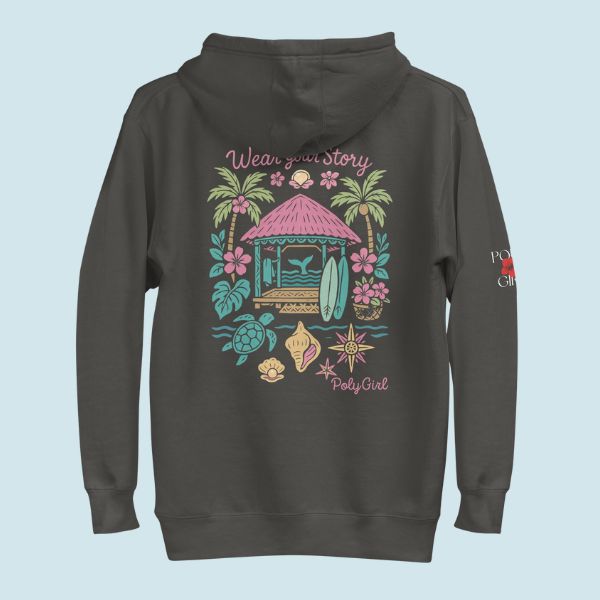 Dark gray hoodie with a colorful tropical Fale o Pasifika design on the back against a light blue background by Poly Girl.