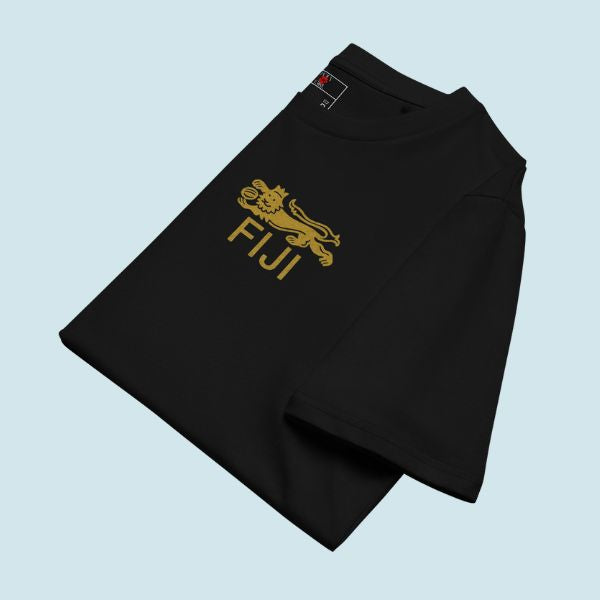 Black shirt with gold 'FIJI' printed on left chest area