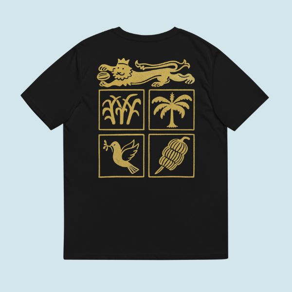 Fijian seal in gold motifs design on back of black tshirt