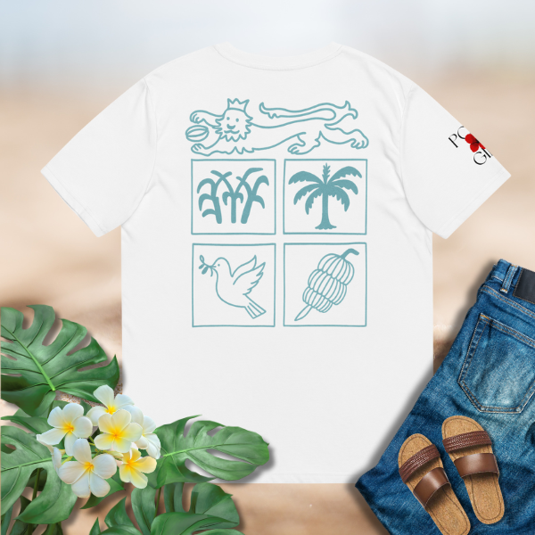 White t-shirt with blue graphic design on a beige surface with floral and leaf decorations. Fiji Seal Motif T-shirt by Poly Girl