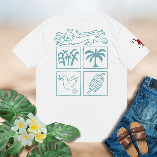 White t-shirt with blue graphic design on a beige surface with floral and leaf decorations. Fiji Seal Motif T-shirt by Poly Girl
