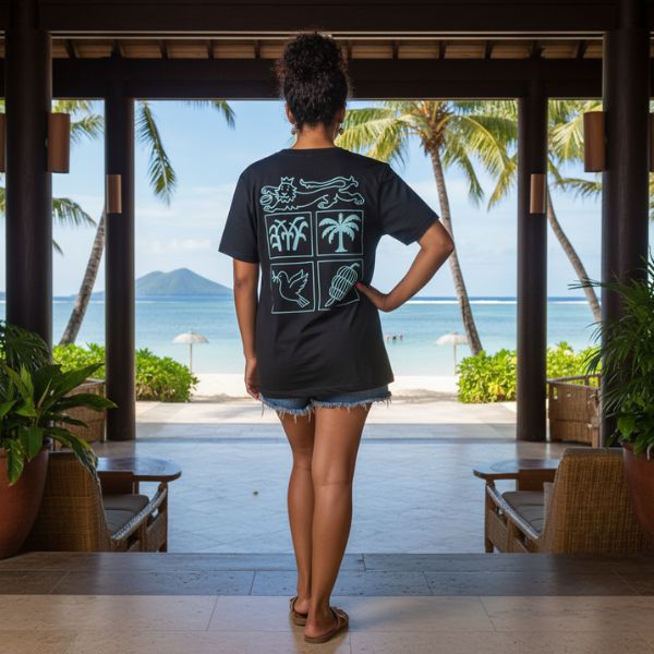 Person wearing a black t-shirt with a Fiji Seal Design standing in front of a beach view.