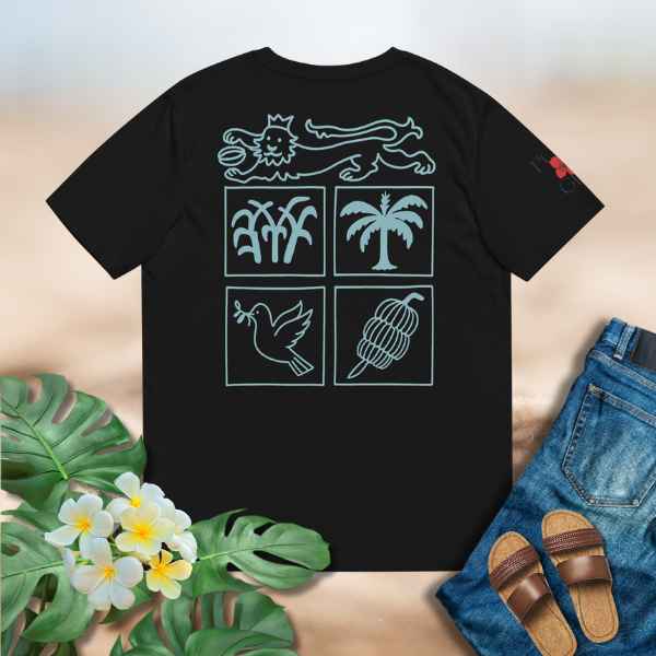 Black t-shirt with white graphics on a beige background with plants and sandals. Fiji seal on black tshirt