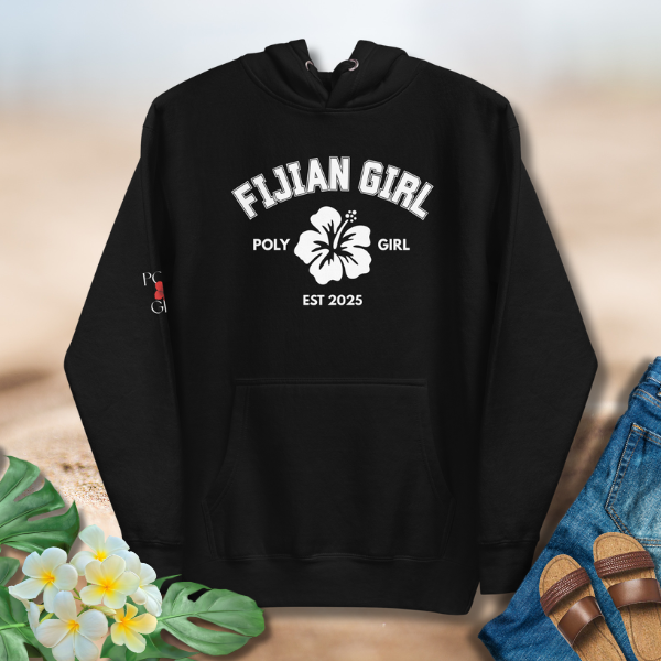 Fijian Girl Poly Girl Classic Hoodie in black with hibiscus emblem