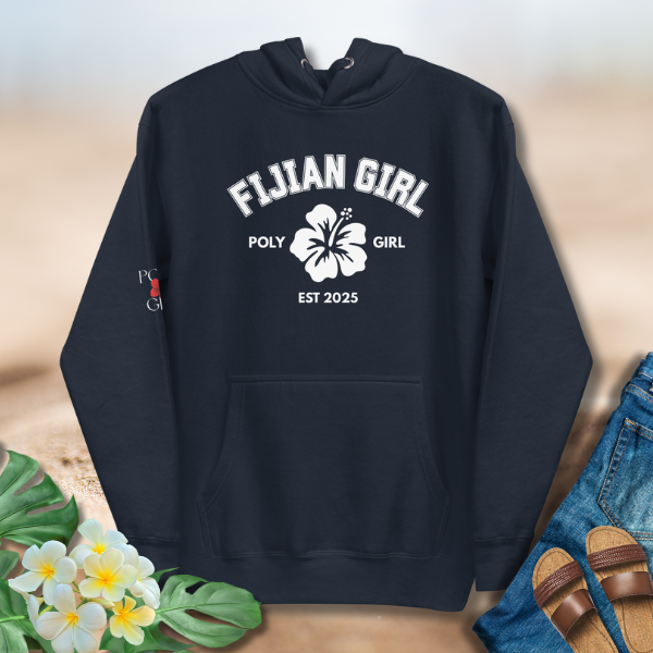 Fijian Girl Poly Girl Classic Hoodie in blue with hibiscus emblem